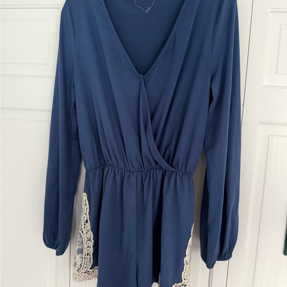 Blue Long Sleeve Romper with Lace Trim